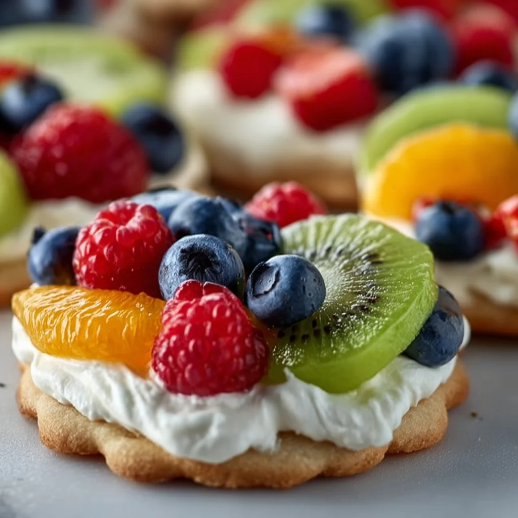 A plate of colorful fruit pizza cookies topped with fresh fruits and cream.
