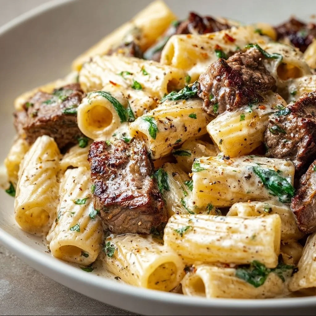 Creamy Garlic Butter Steak Rigatoni served in a bowl, garnished with parsley