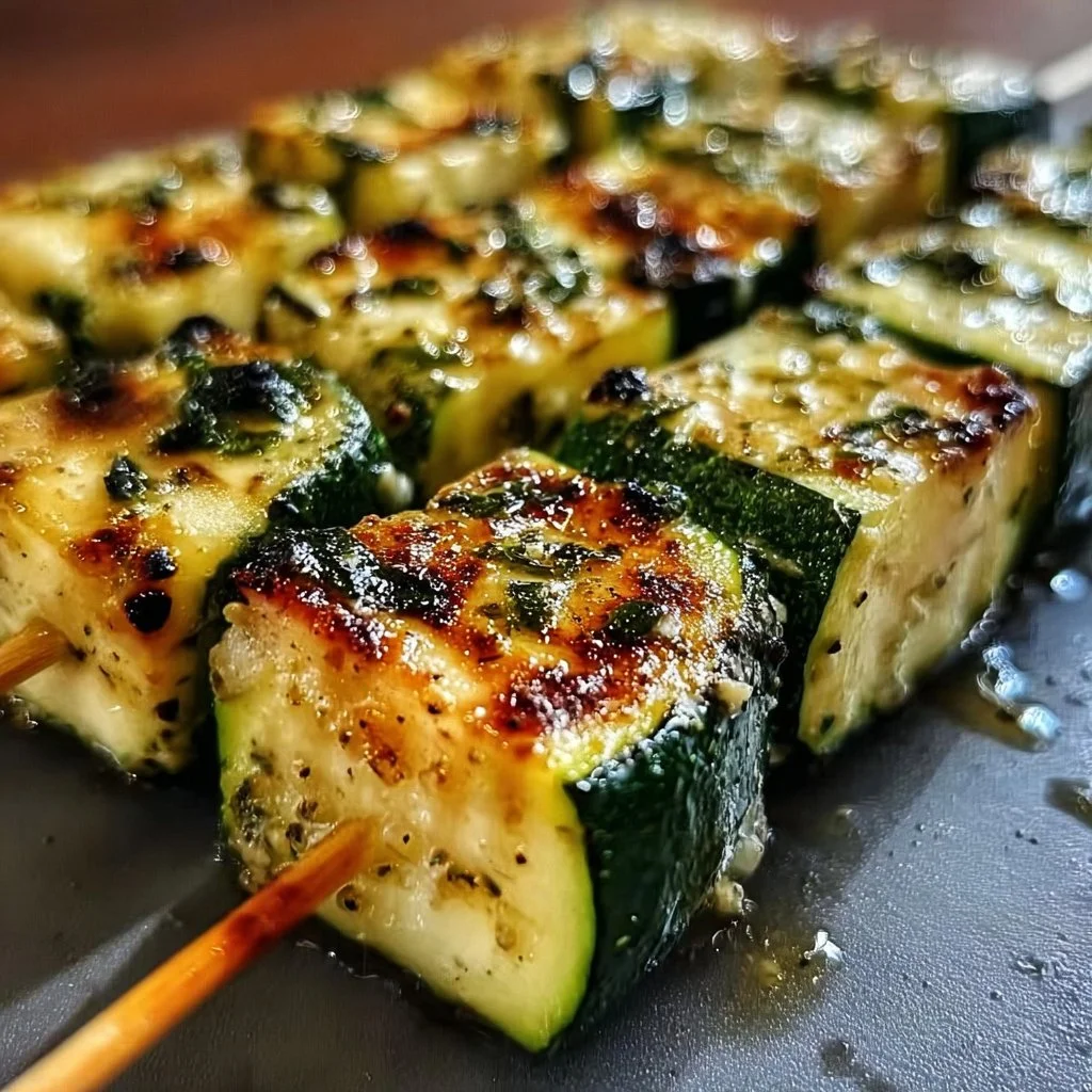 Garlic butter zucchini skewers on a grill, showcasing vibrant zucchini slices.
