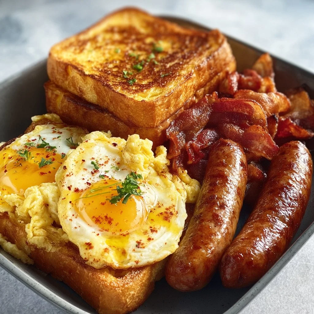 Delicious breakfast bliss featuring golden French toast, fluffy eggs, crispy bacon, and juicy sausages.