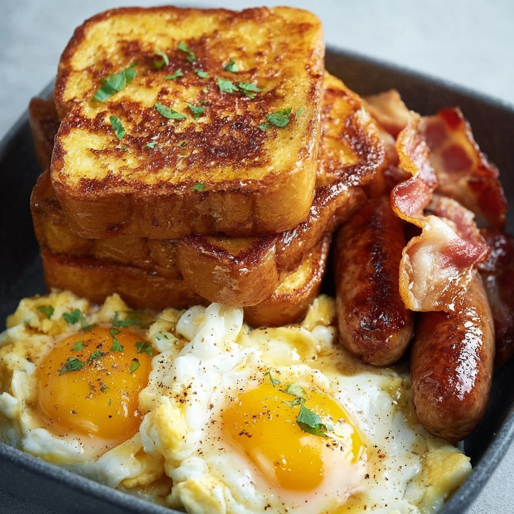 Golden French toast, fluffy eggs, crispy bacon, juicy sausages - breakfast bliss. 4 Golden French toast, fluffy eggs, crispy bacon, juicy sausages - breakfast bliss.