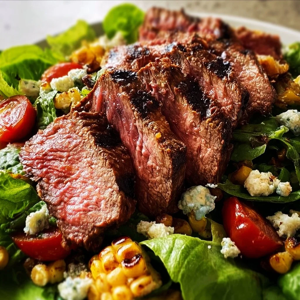 A vibrant Grilled Balsamic Steak Salad with sliced steak and fresh veggies