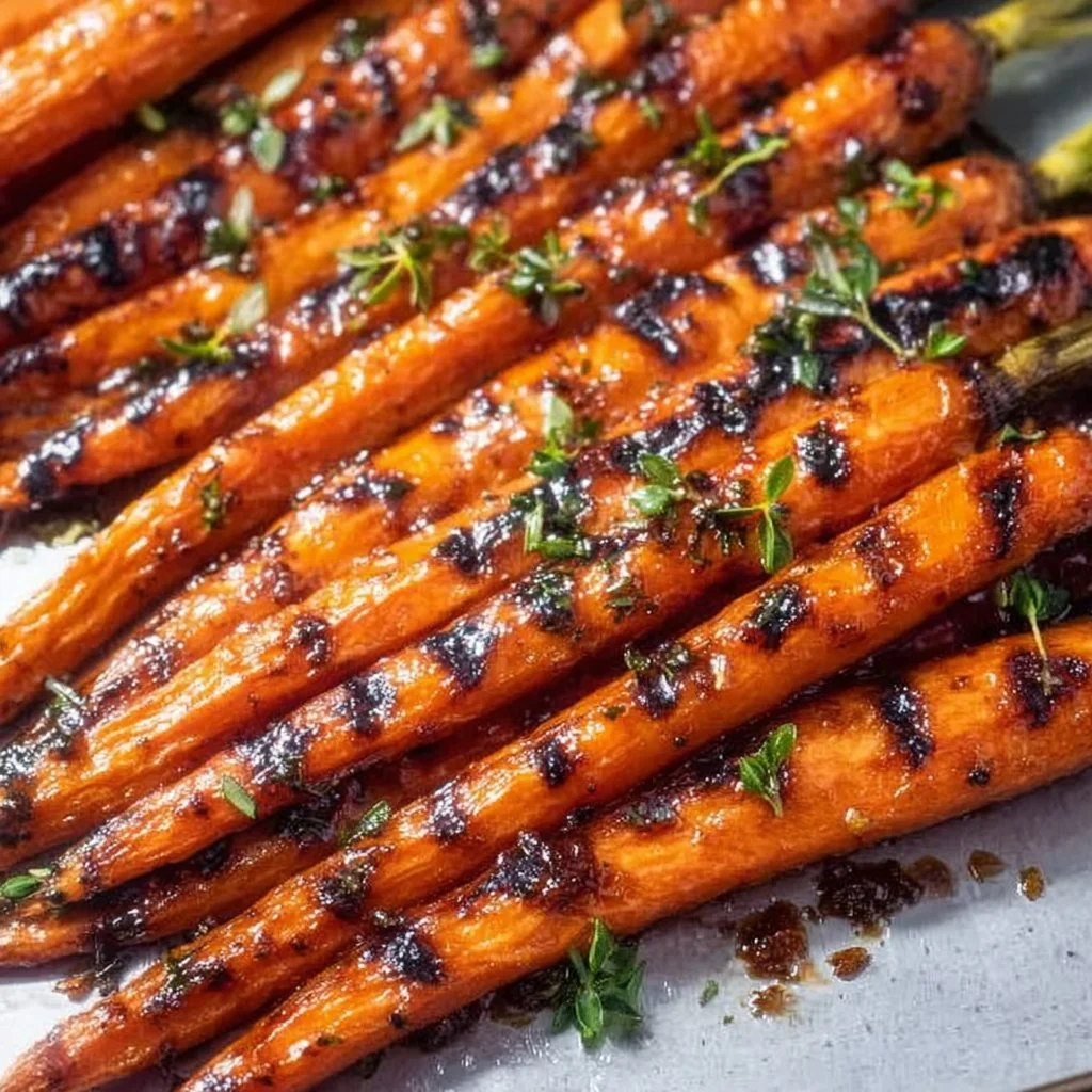 Grilled Carrots with Honey Brown Sugar Butter 3 Grilled carrots glazed with honey brown sugar butter, served on a plate.