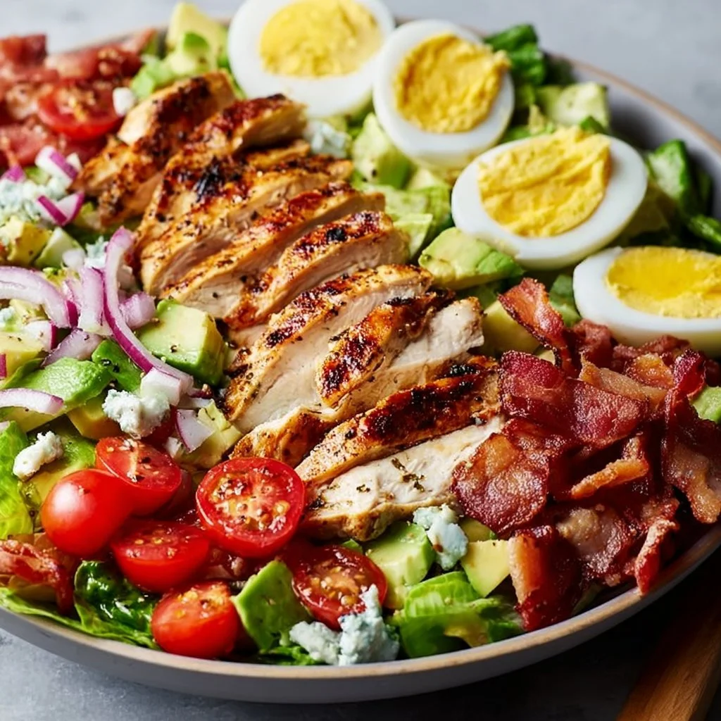 Fresh and colorful Grilled Chicken Cobb Salad with avocado, bacon, and blue cheese