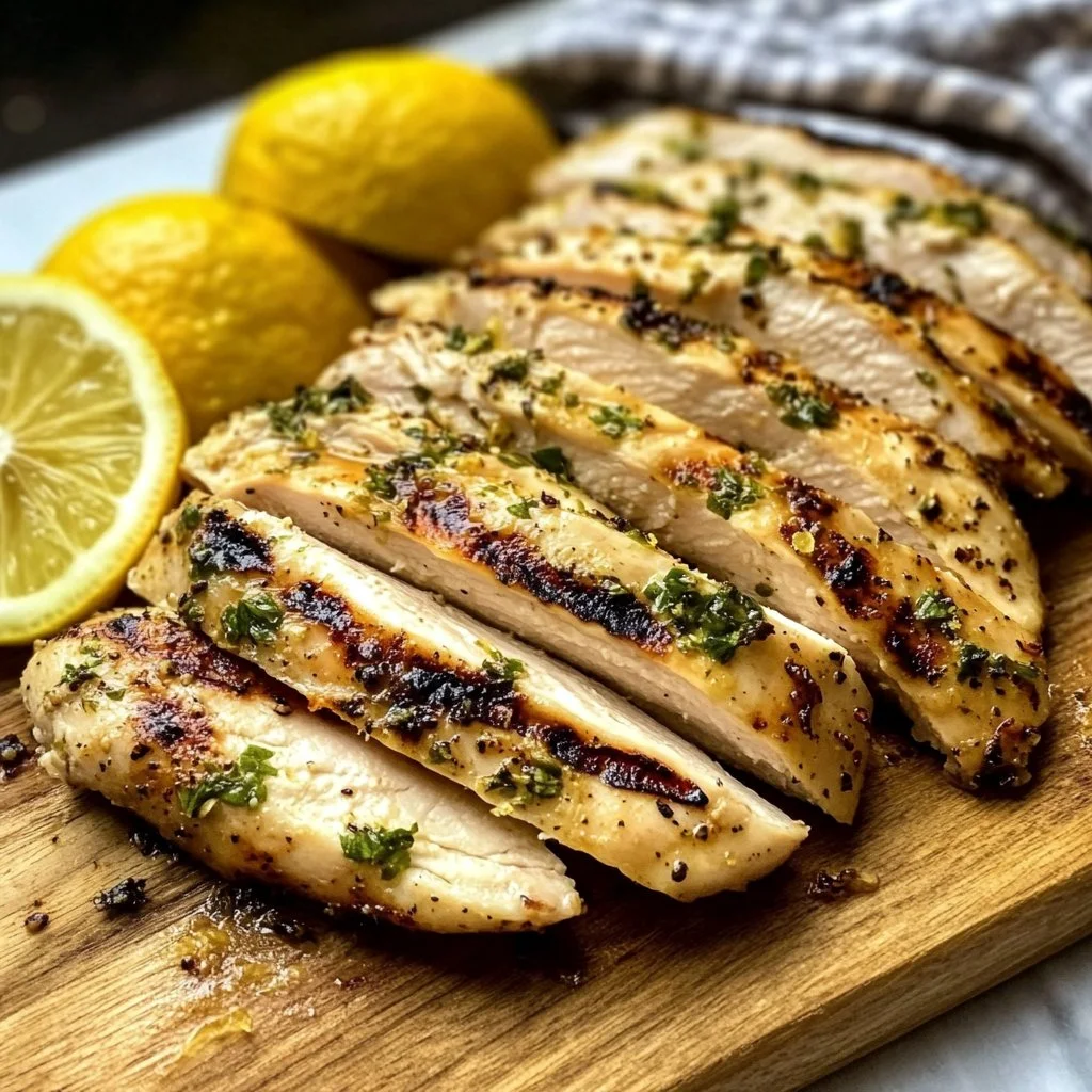 Grilled Lemon Chicken served on a plate garnished with herbs