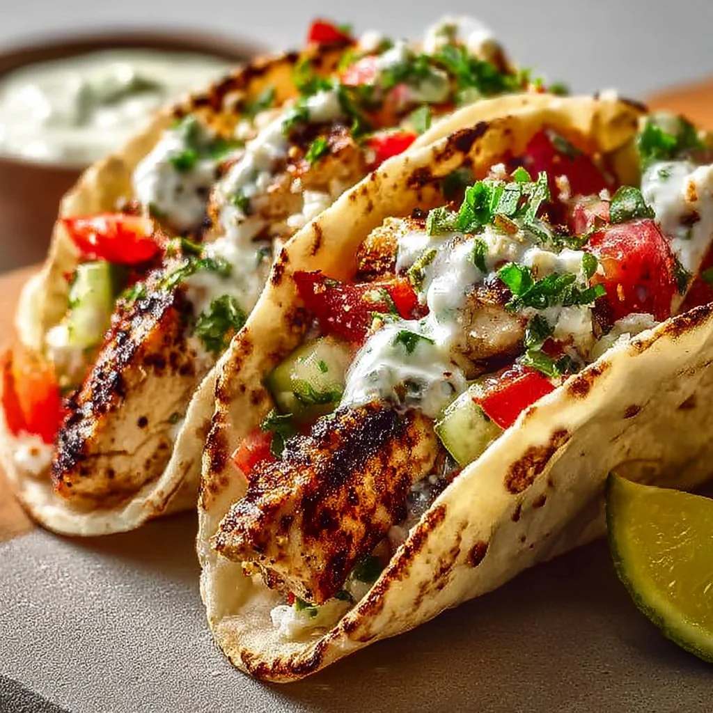 Grilled Mediterranean chicken tacos with fresh vegetables and herbs