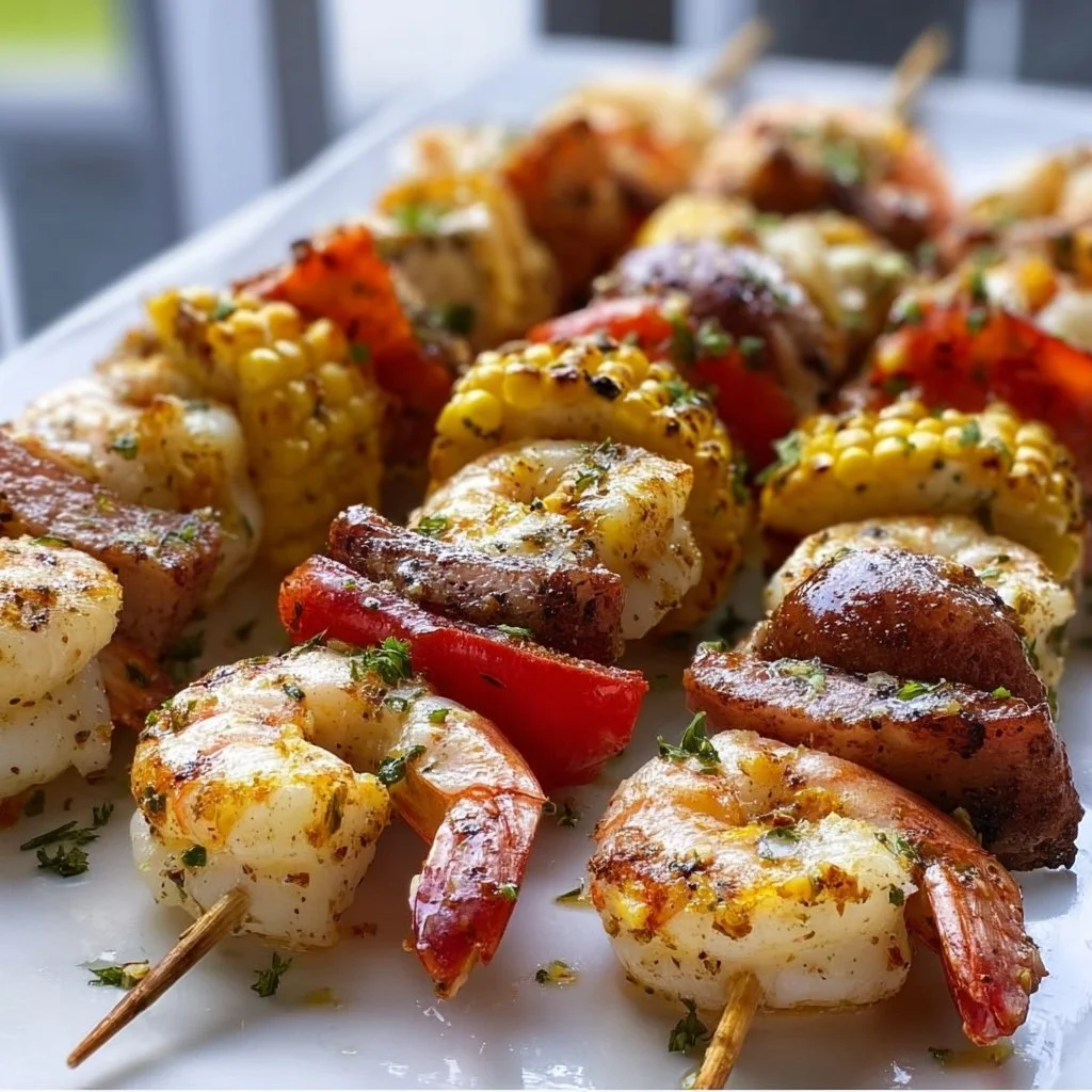 Grilled Seafood Skewers 3 Delicious grilled seafood skewers with shrimp and veggies on a barbecue grill.