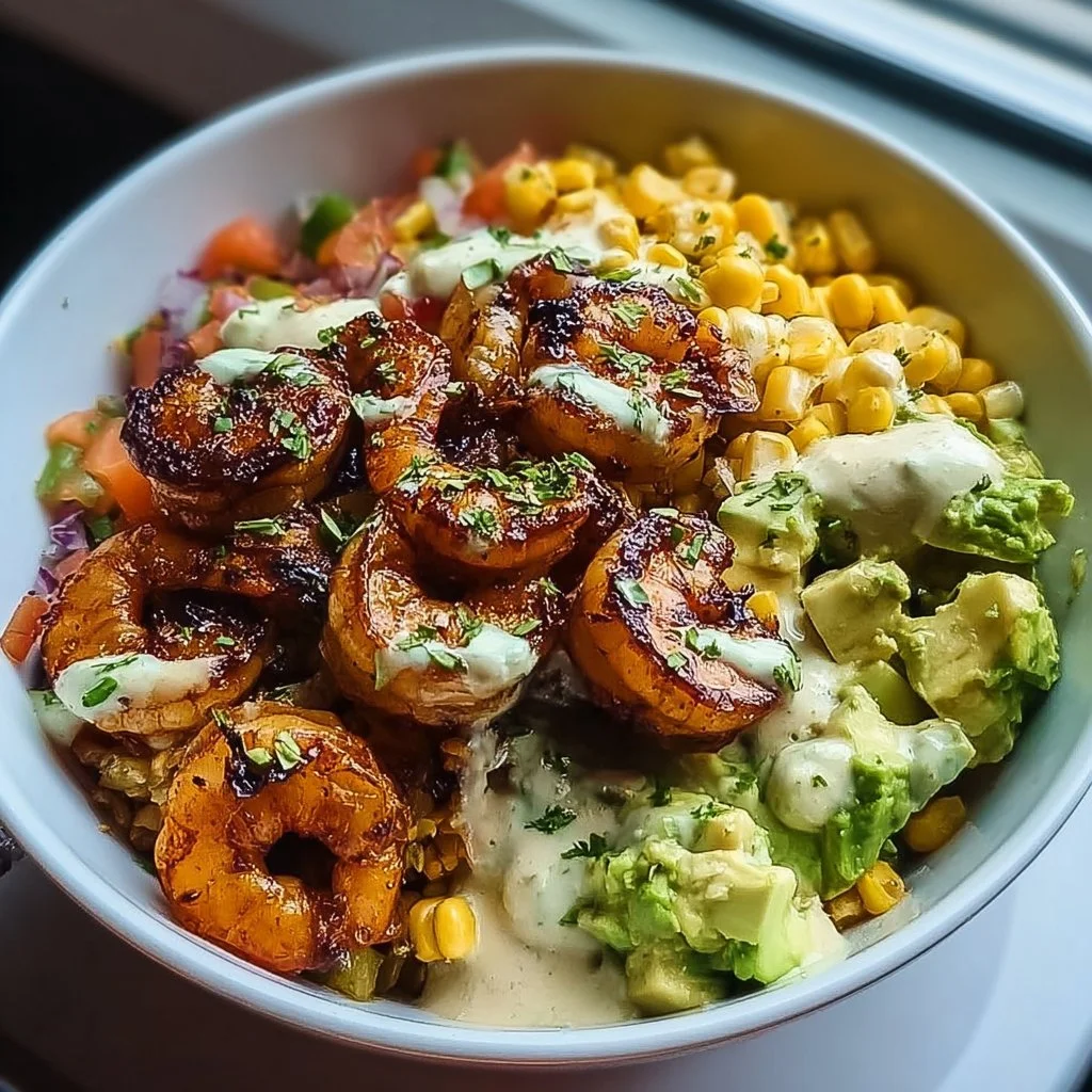 Grilled shrimp bowl with avocado, corn salsa, and creamy garlic sauce on a plate.
