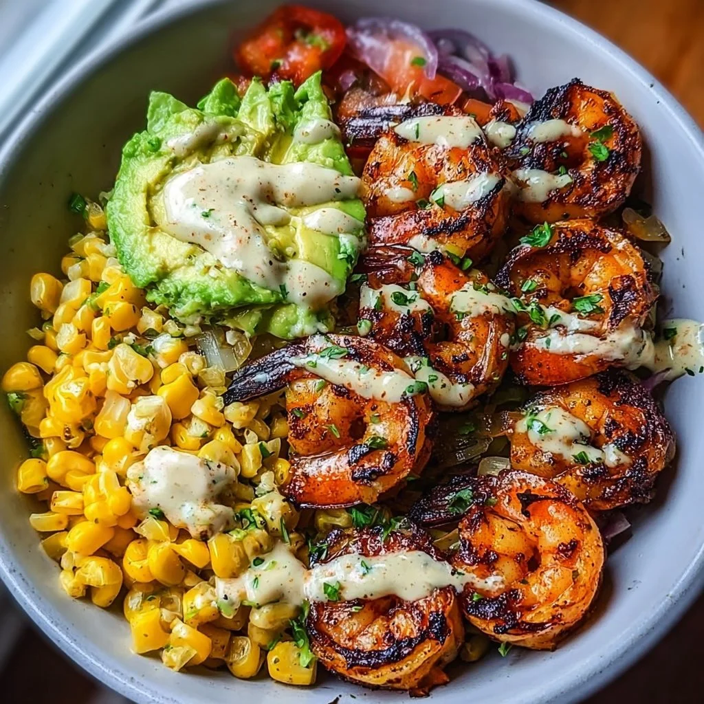Grilled Shrimp Bowl with Avocado, Corn Salsa & Creamy Garlic Sauce