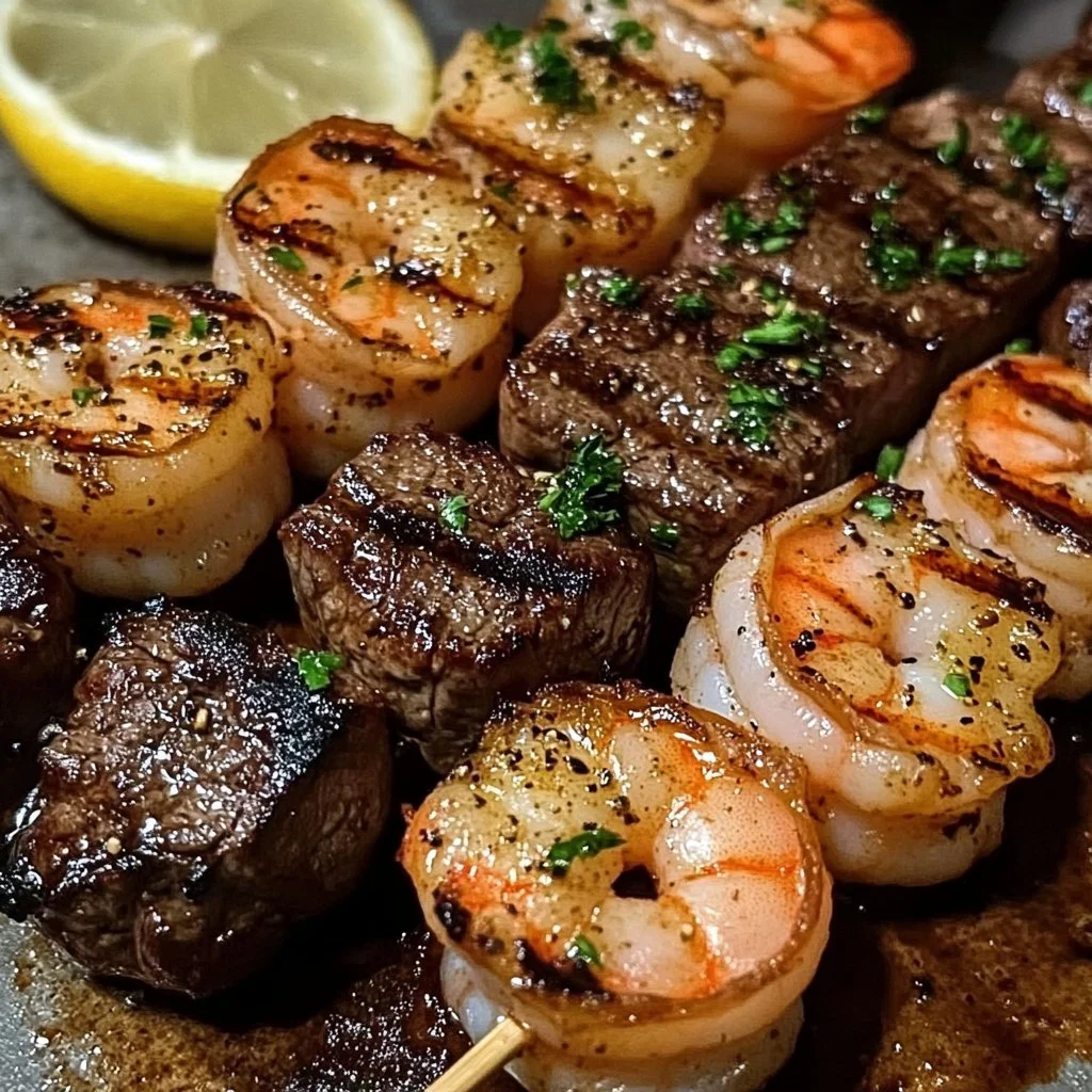 Grilled Steak and Shrimp Skewers with Garlic Butter 4 Grilled Steak and Shrimp Skewers with Garlic Butter