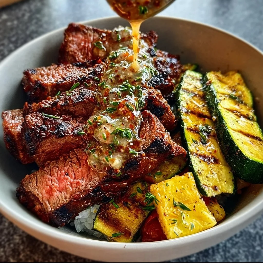 Grilled steak bowl with sauce and grilled zucchini in a colorful bowl.