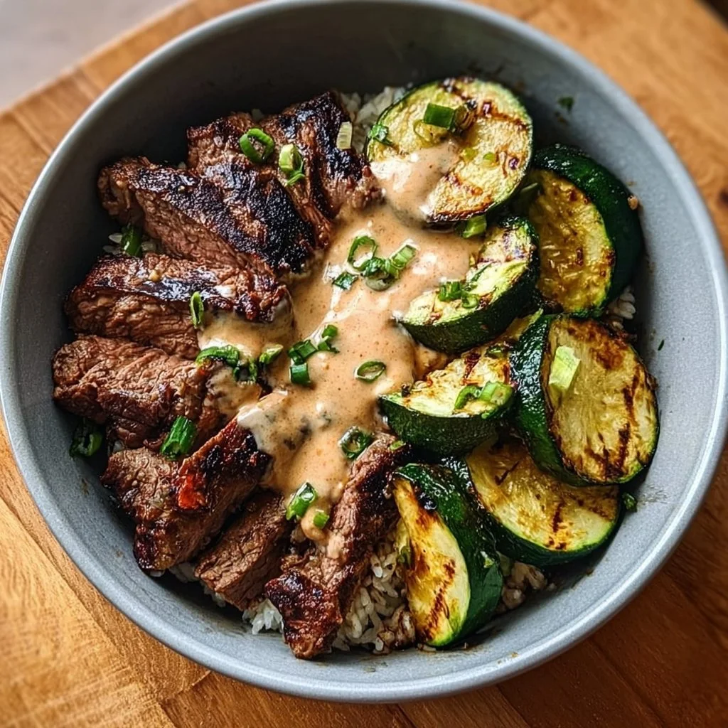 Grilled Steak Bowl with Sauce & Grilled Zucchini