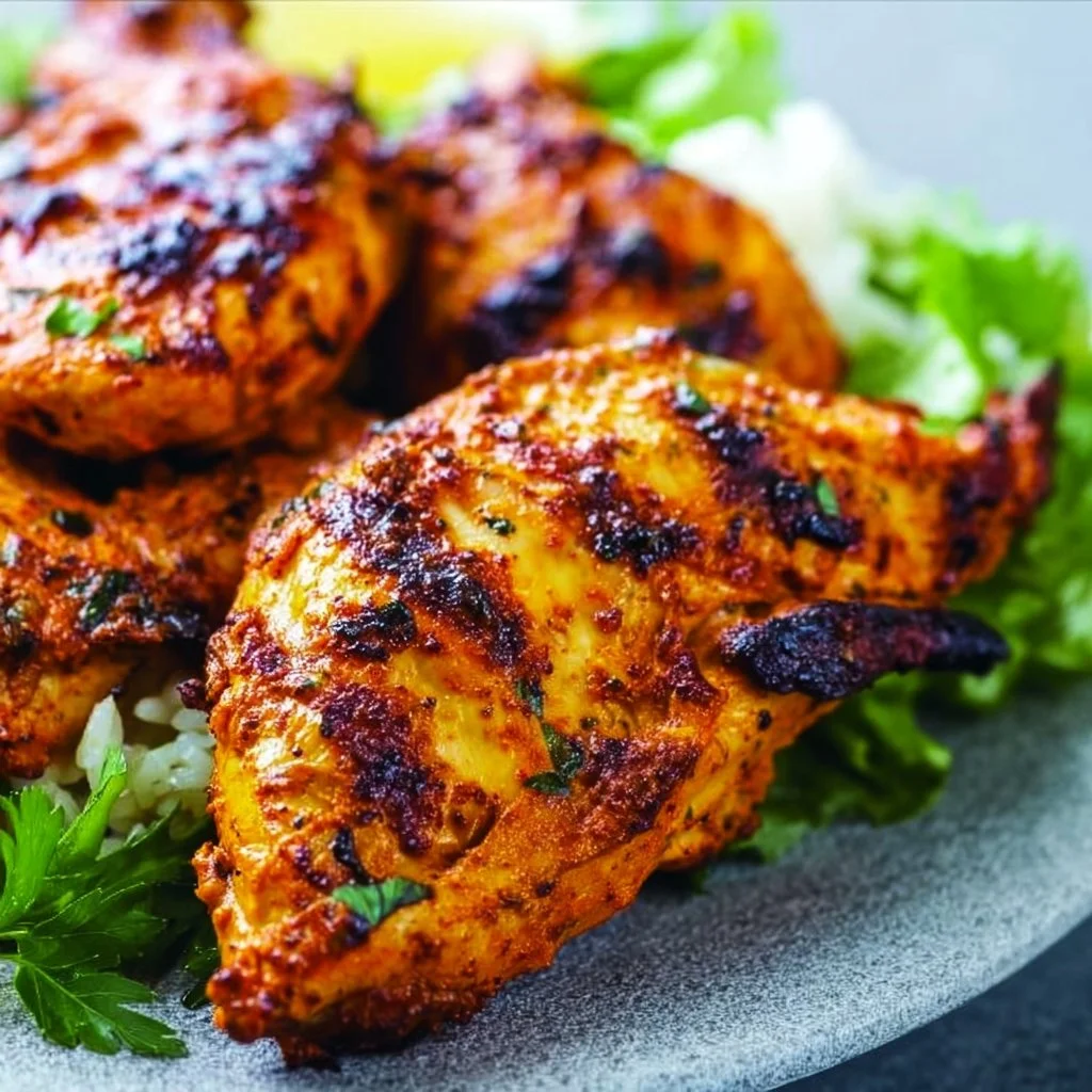 Grilled tandoori chicken with vibrant spices on a plate