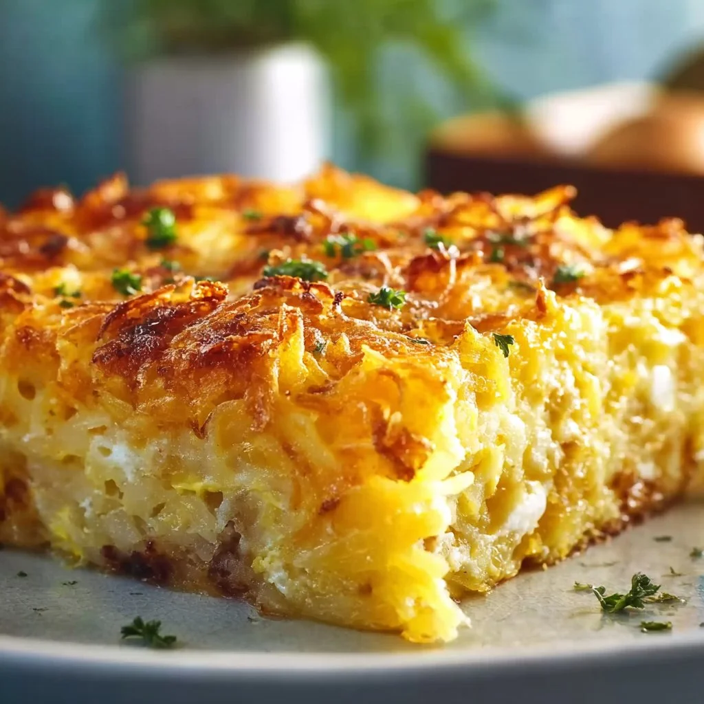 Delicious Hash Brown Egg Casserole served in a baking dish.