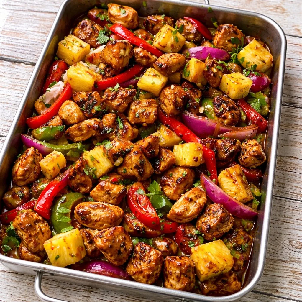 Hawaiian Chicken Sheet Pan 3 Delicious Hawaiian Chicken Sheet Pan with colorful vegetables.