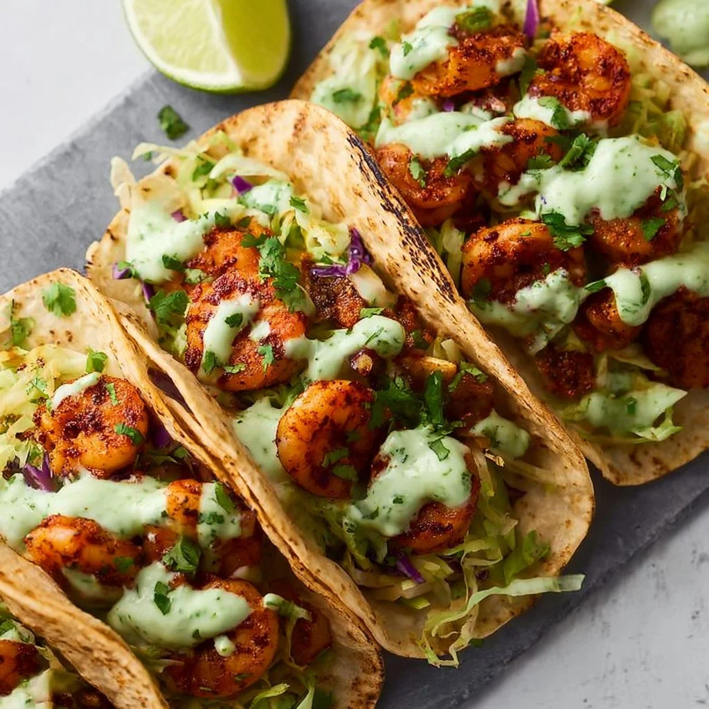 Healthy shrimp tacos served with cilantro lime sauce on a plate