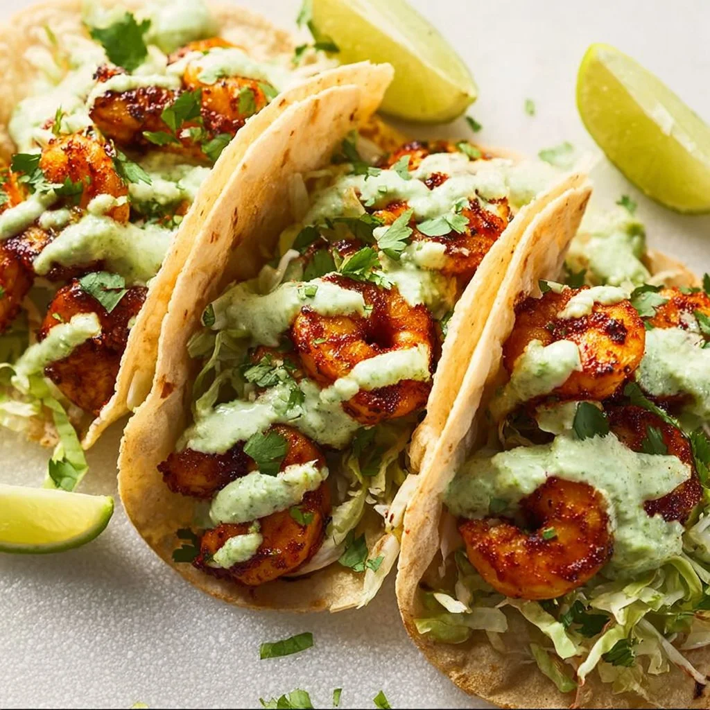 Healthy Shrimp Tacos with Cilantro Lime Sauce