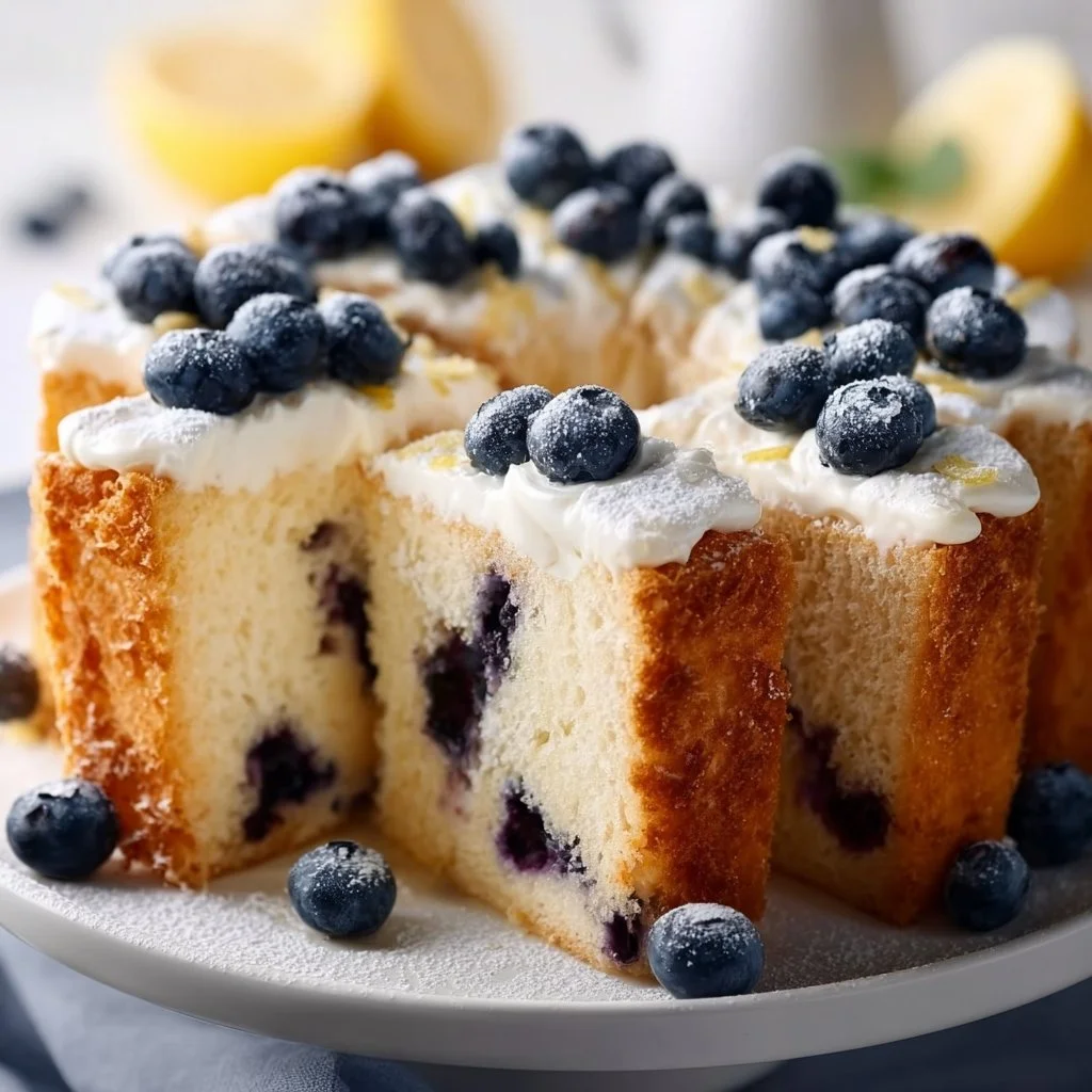 Heavenly moist blueberry lemon angel food cake topped with fresh blueberries and lemon zest.