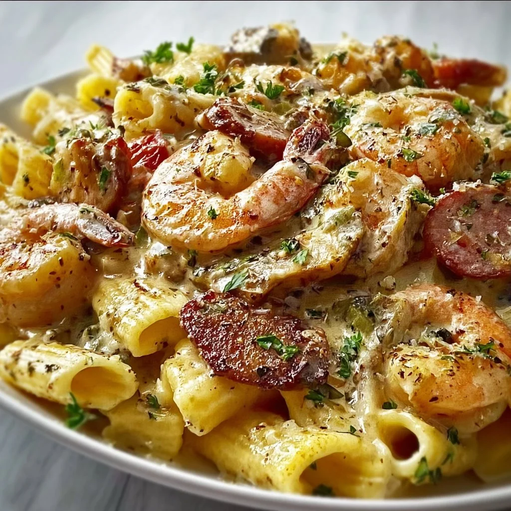 Delicious Mardi Gras Pasta served at Pappadeaux restaurant with vibrant colors and seafood.