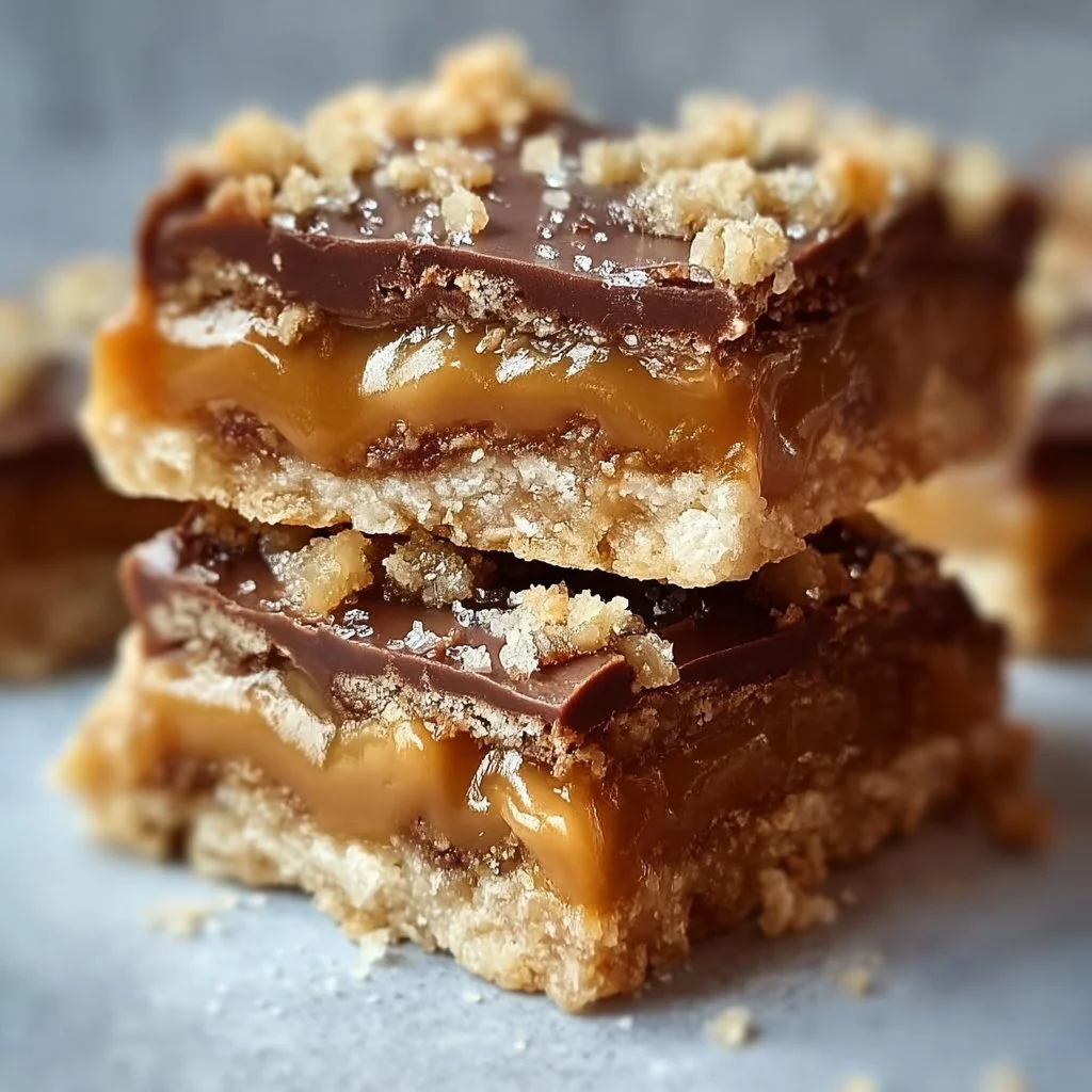 Decadent homemade caramel crush bars with layers of caramel and chocolate.