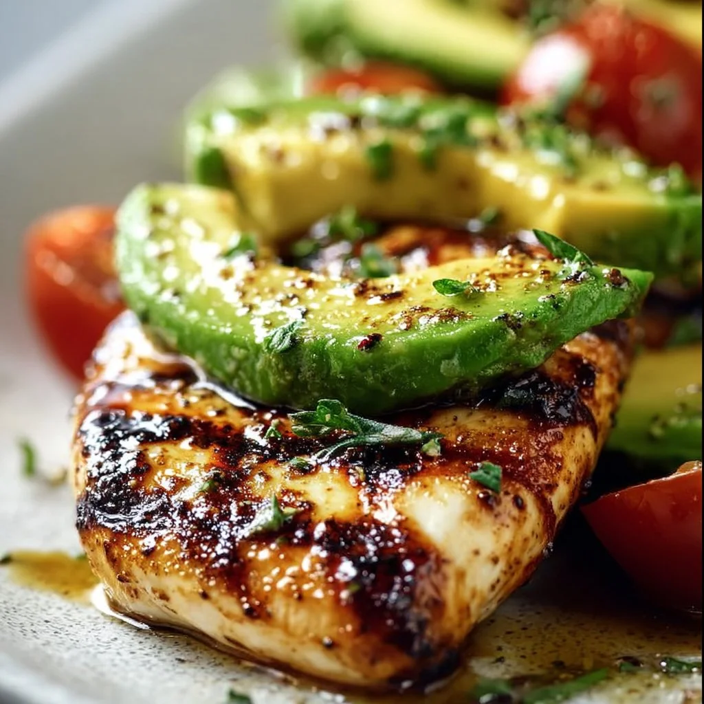 Delicious juicy grilled California avocado chicken garnished with fresh herbs