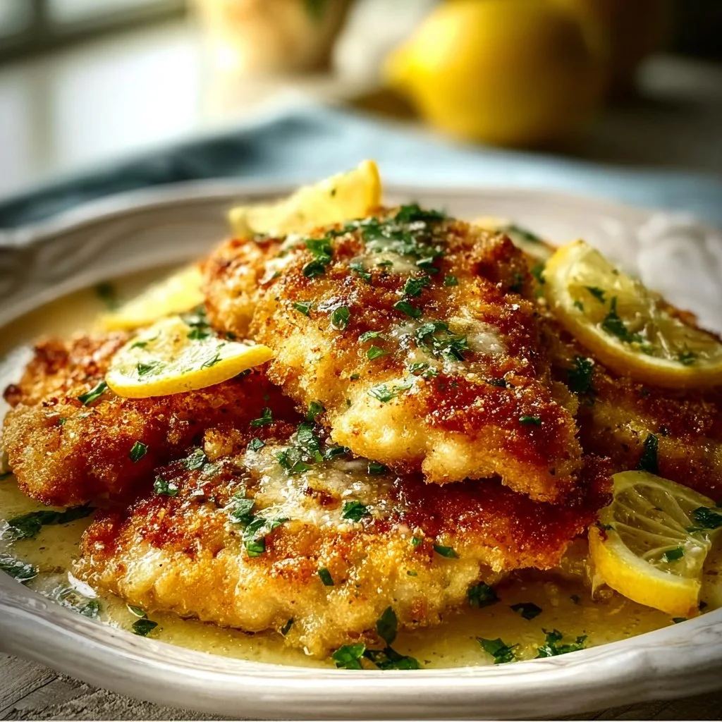 Plate of crispy Lemon Chicken Romano garnished with lemon slices and herbs.