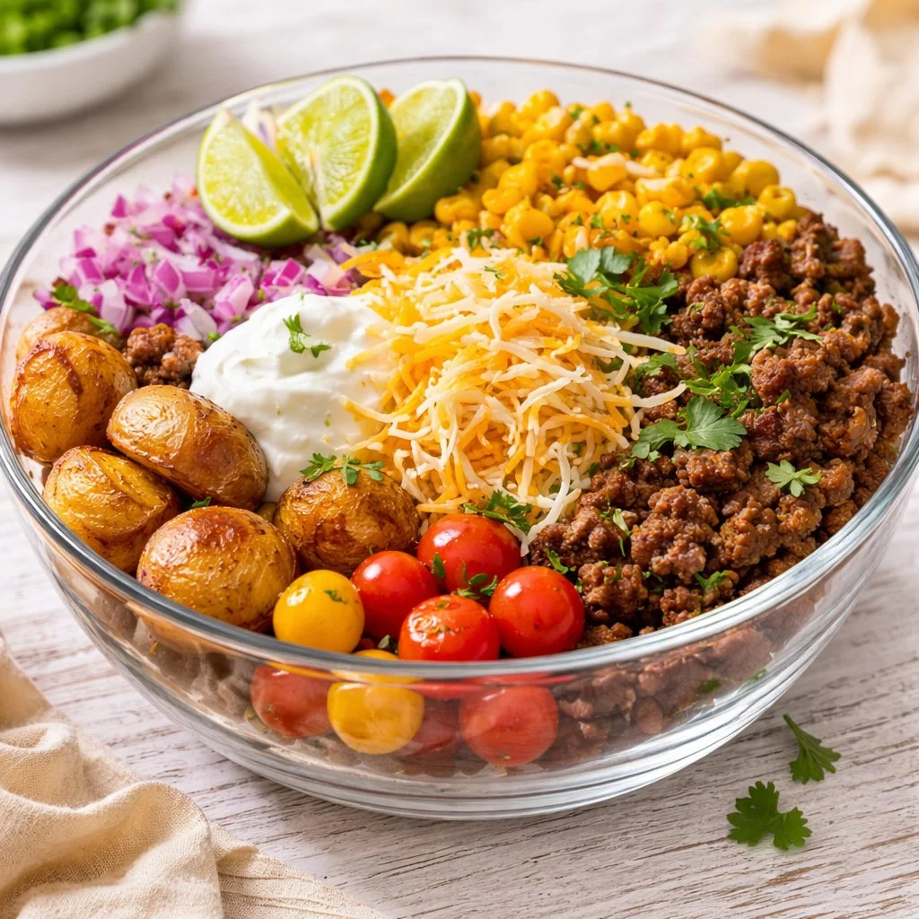 Loaded Potato Taco Bowl topped with fresh ingredients and spices