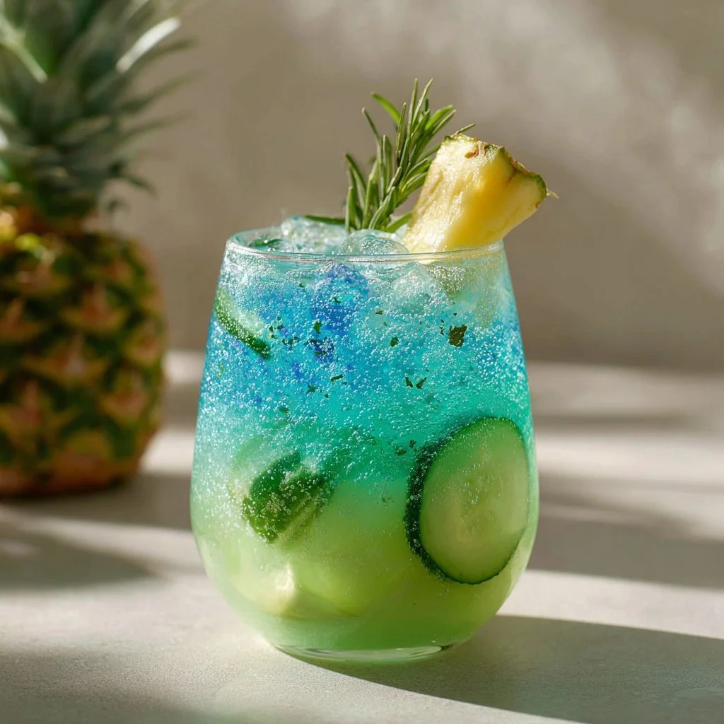 A colorful Mermaid Water Mocktail served in a glass with fruit garnishes.