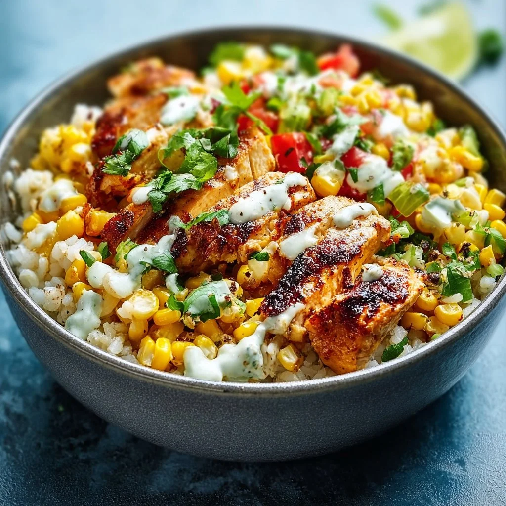 Elote-style Mexican street corn chicken rice bowl with colorful toppings