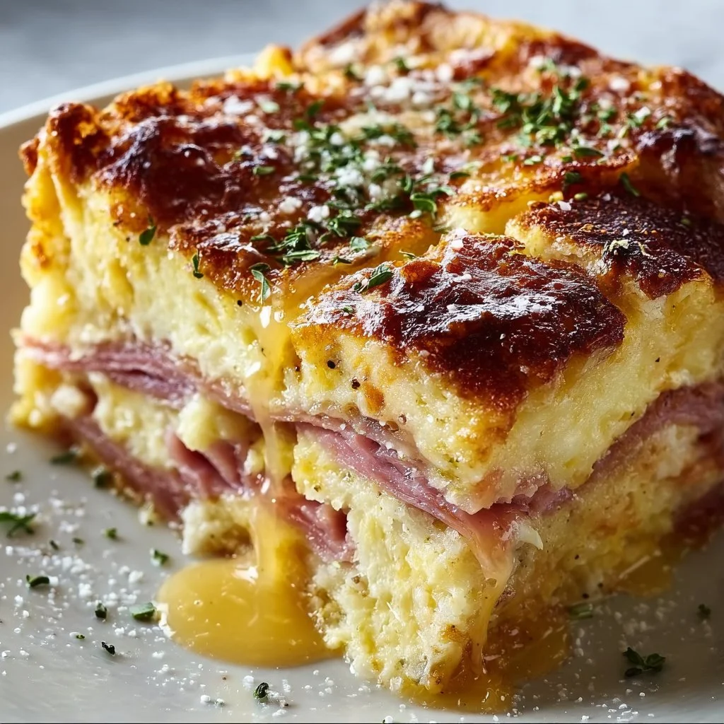 Monte Cristo breakfast casserole served in a dish