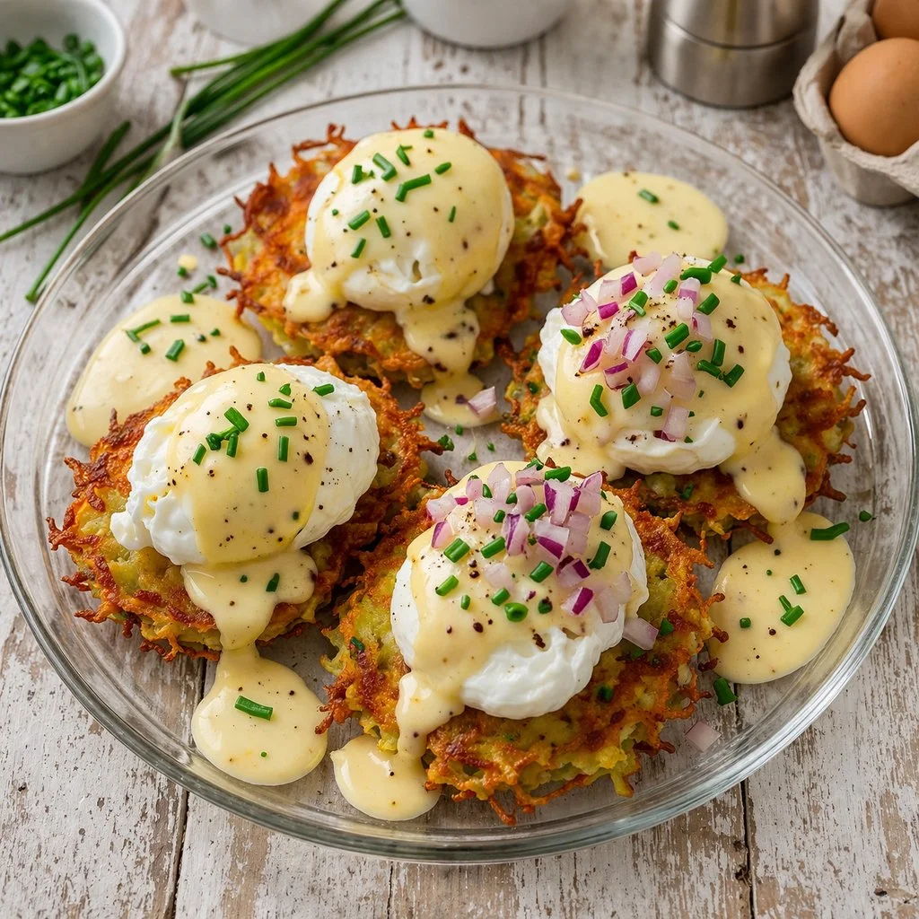 Mouthwatering Latke Eggs Benedict 3 Delicious Latke Eggs Benedict topped with poached eggs and hollandaise sauce.