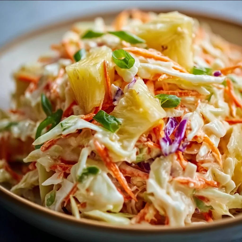 No-mayo Hawaiian pineapple coleslaw served in a bowl for a tropical dish