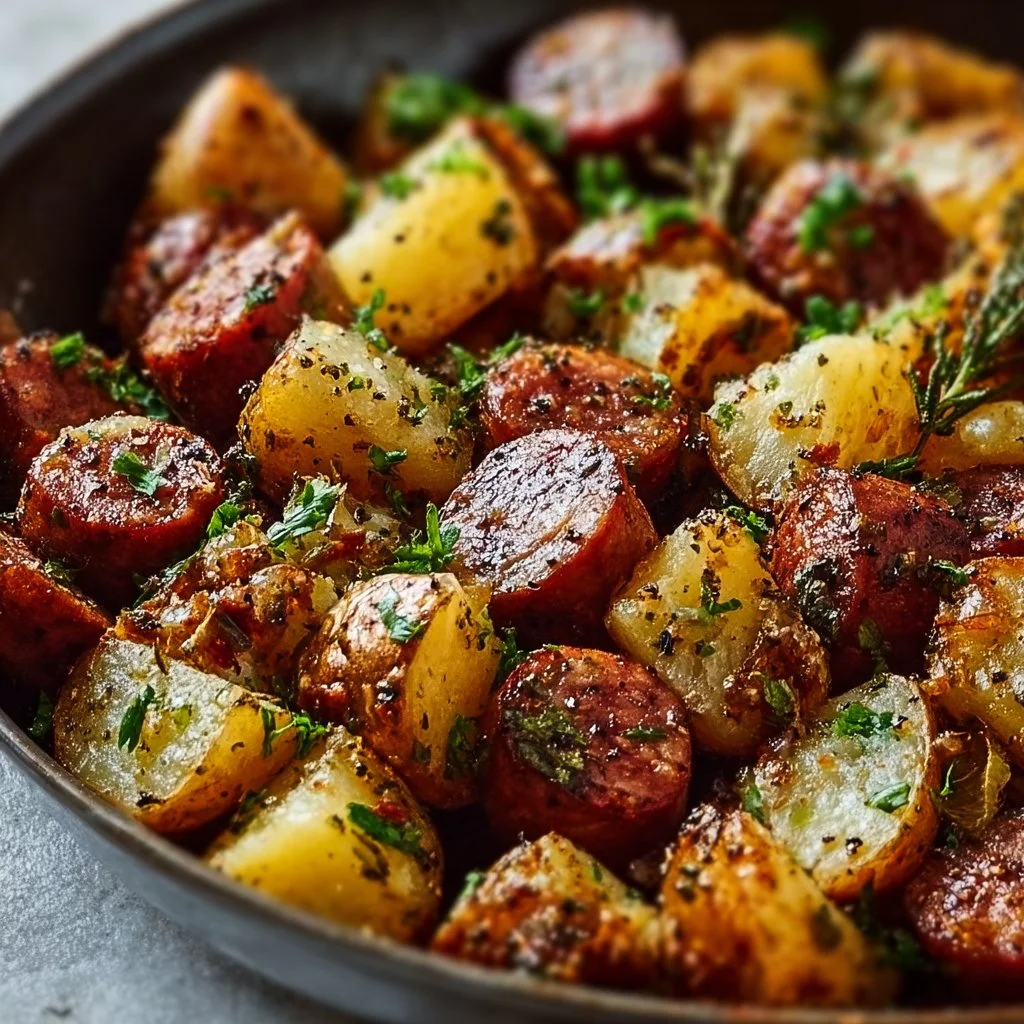 One Pan Kielbasa and Potatoes dish with colorful vegetables
