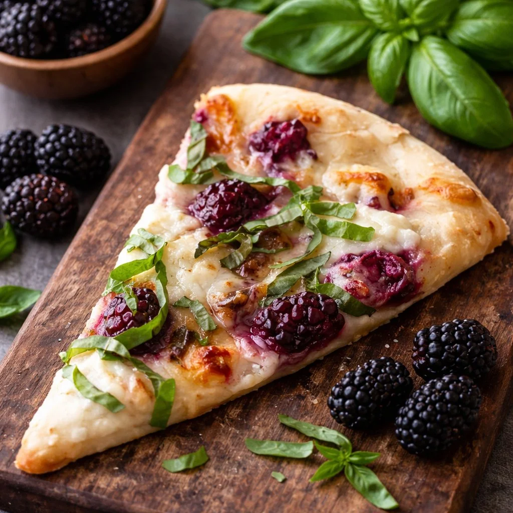 Blackberry Basil Ricotta Pizza topped with fresh berries and herbs