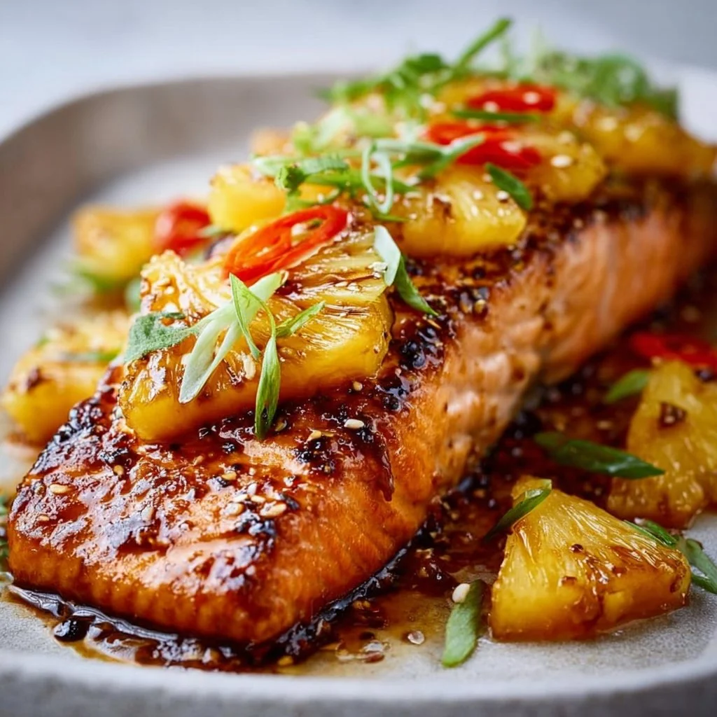 Pineapple glazed salmon garnished with fresh herbs on a white plate