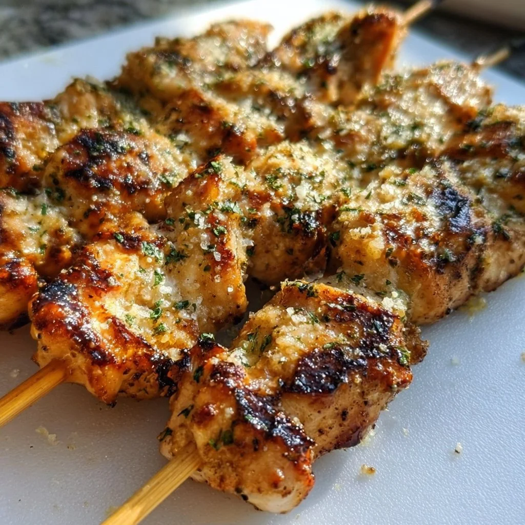 Ranch Garlic Parmesan Chicken Skewers garnished with herbs on a platter.