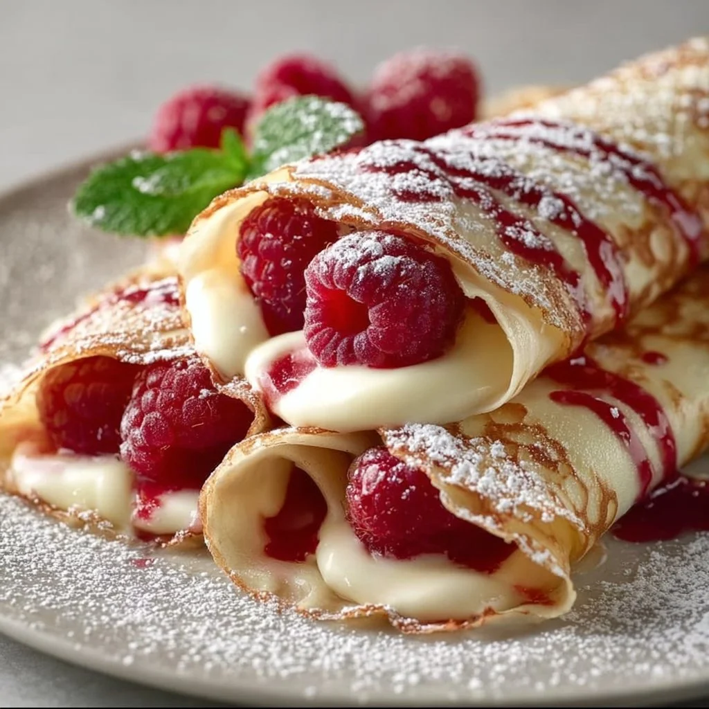 Raspberry Vanilla Cream Crepes 3 Delicious Raspberry Vanilla Cream Crepes plated and garnished