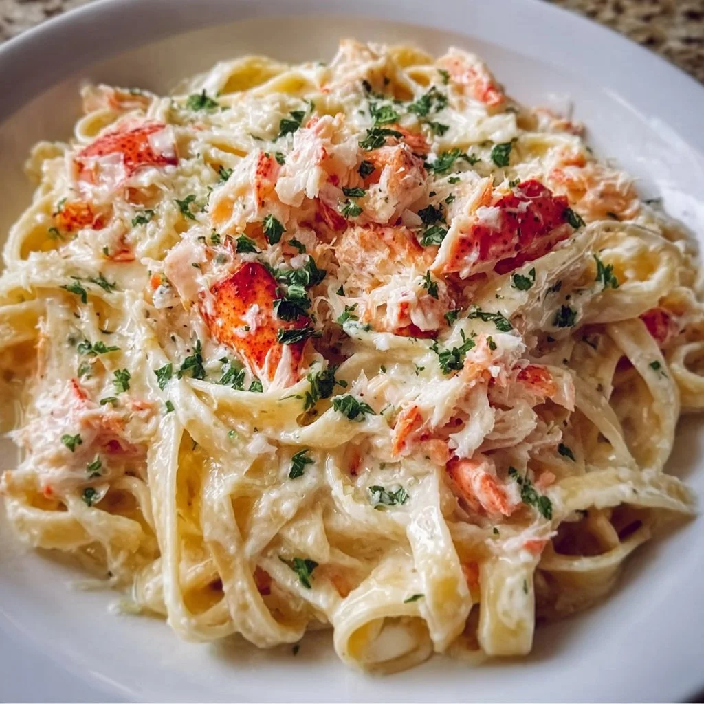 Delicious Red Lobster Crab Alfredo served in a creamy sauce with crab meat