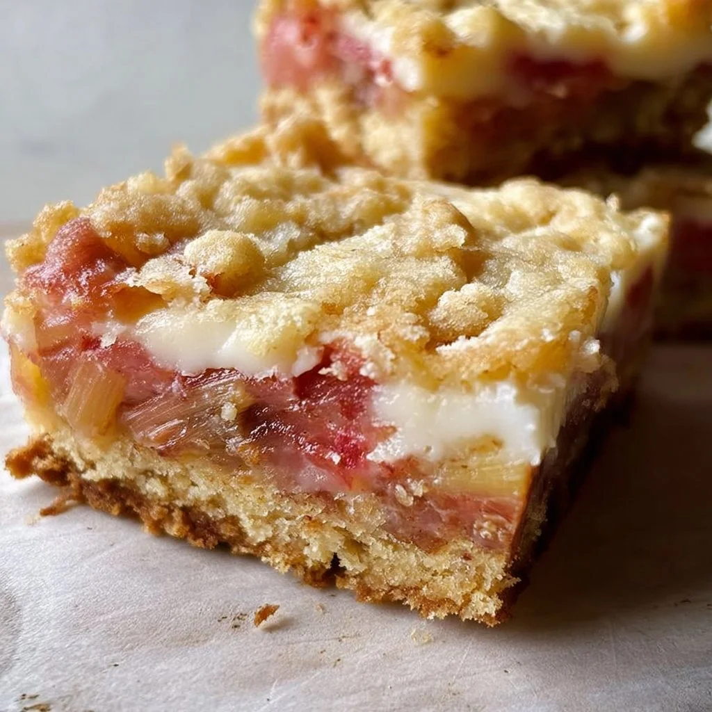 Delicious rhubarb custard bars topped with a golden crust.