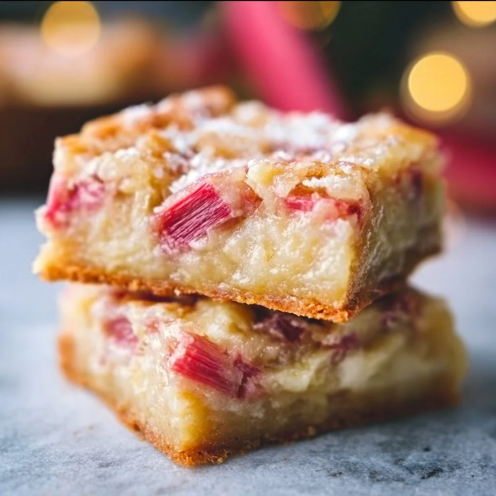 Delicious homemade rhubarb custard bars on a plate.