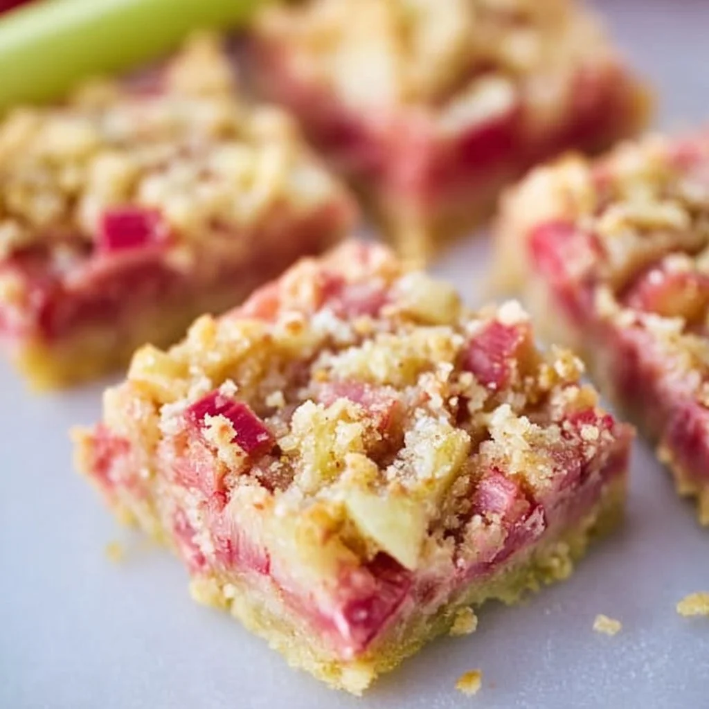 Delicious rhubarb dream bars with a creamy topping and rhubarb filling