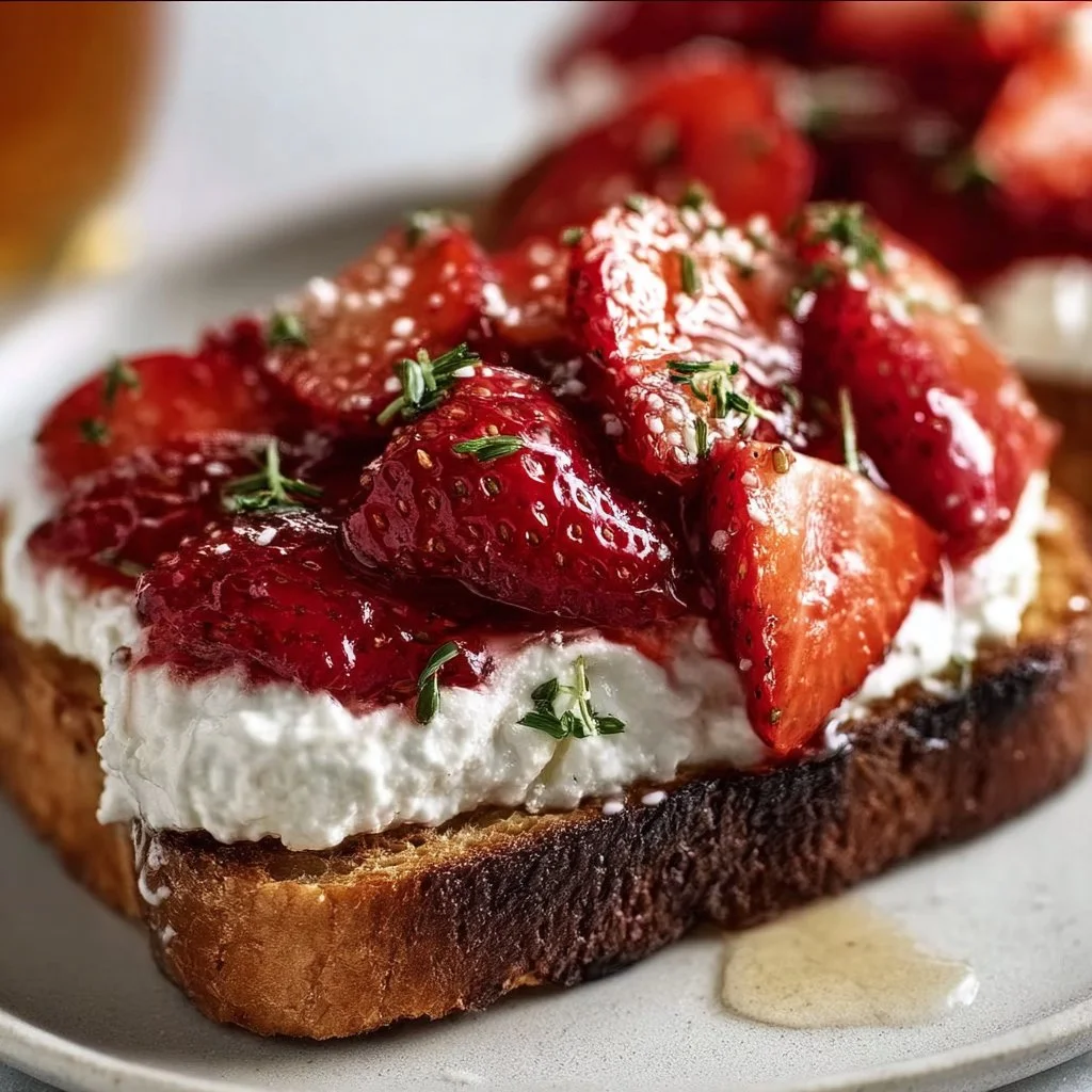 Roasted strawberry whipped ricotta toast garnished with fresh mint leaves