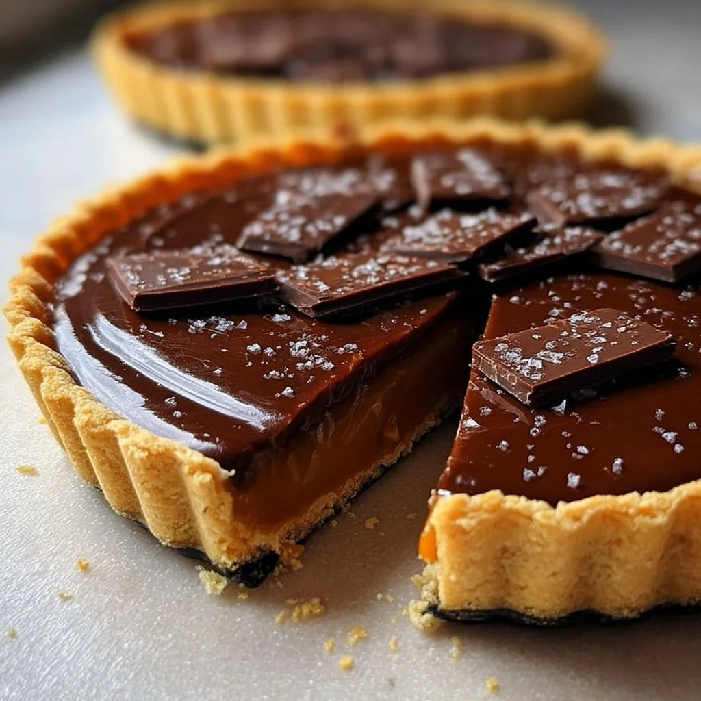 Delicious salted caramel chocolate tart topped with caramel drizzle and sea salt.