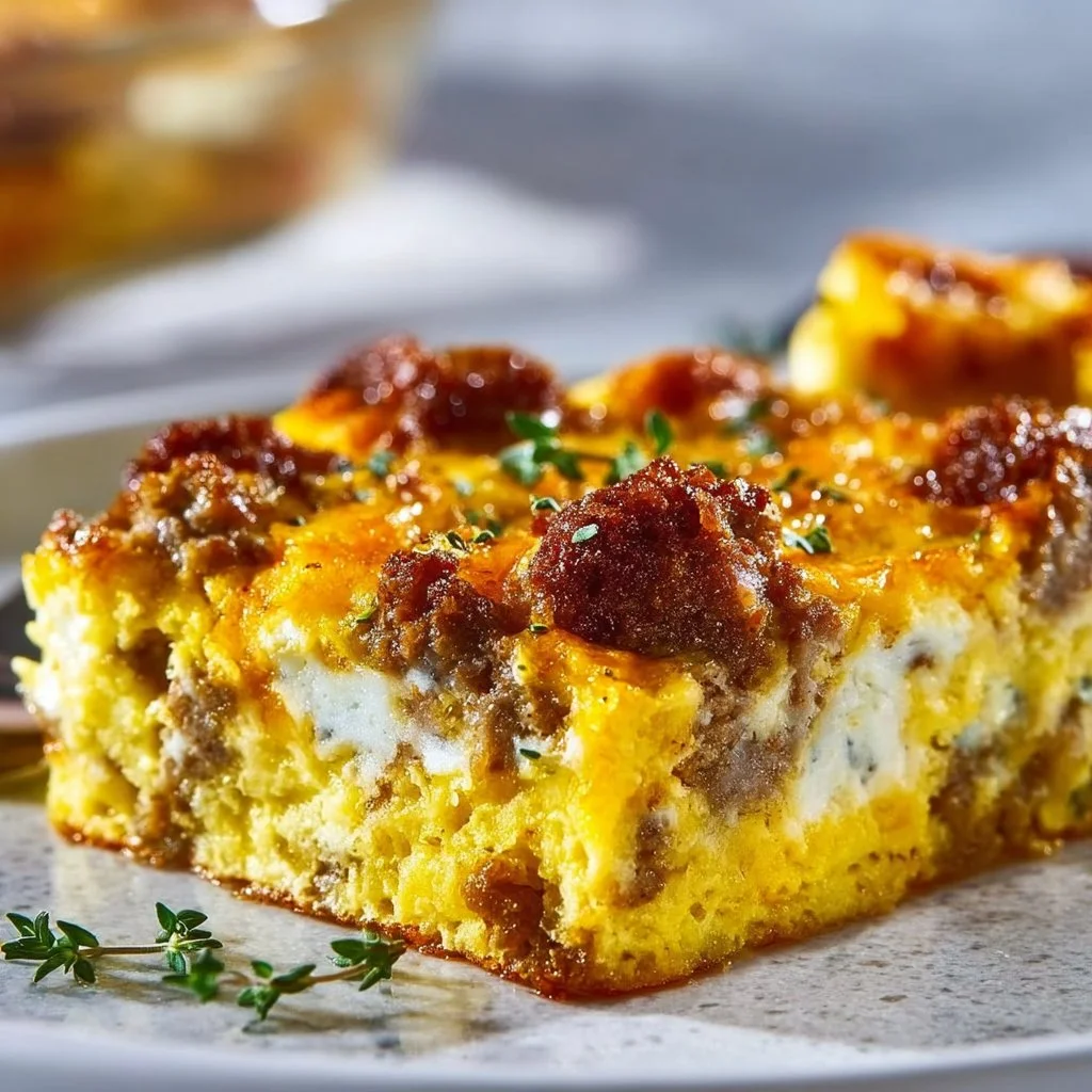 Sausage Egg and Cheese Breakfast Casserole freshly baked and served