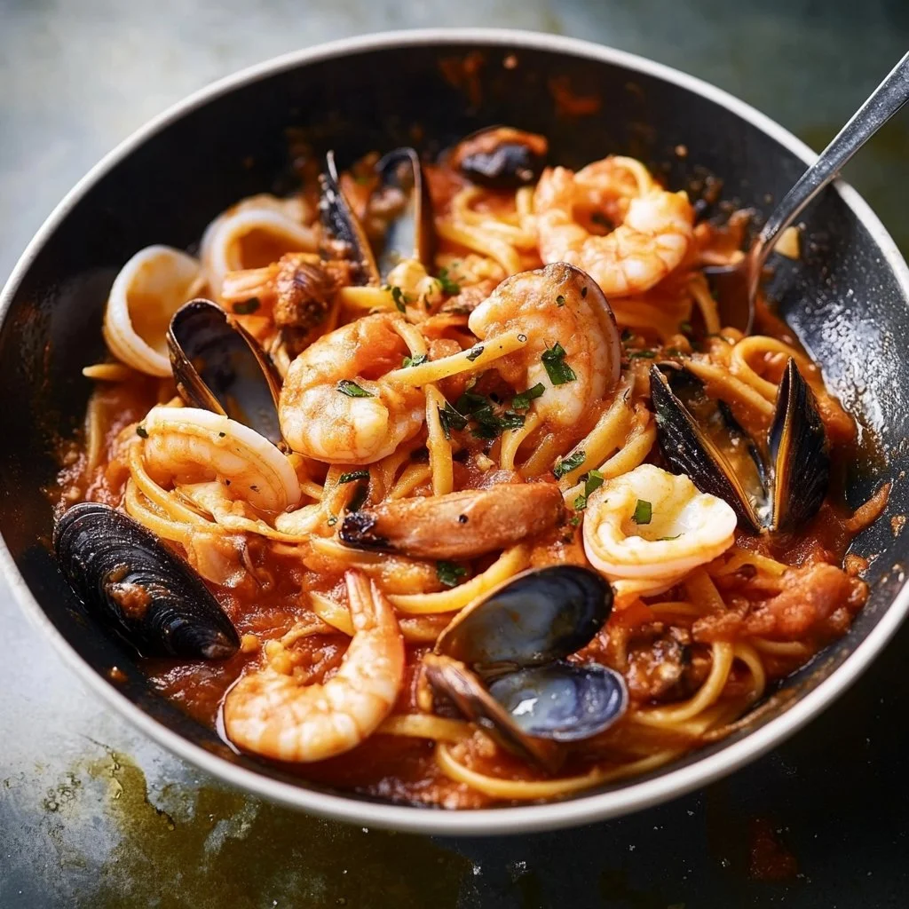 Delicious seafood linguine with shrimp, mussels, and herbs.