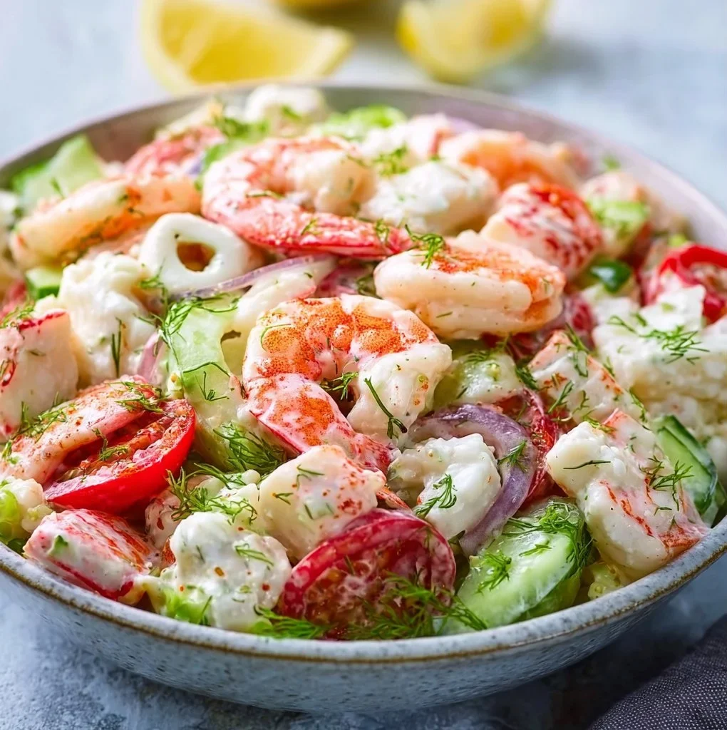 Delicious seafood salad with shrimp, crab, and fresh vegetables in a bowl.
