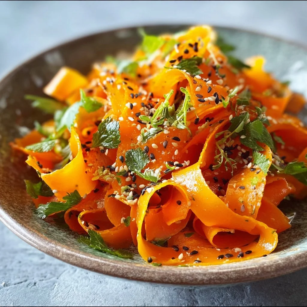 Sesame Ginger Carrot Ribbon Salad with fresh ingredients in a bowl.