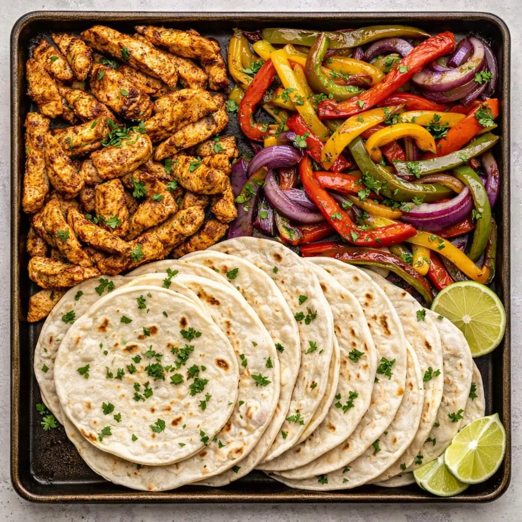 Sheet pan chicken fajitas with colorful peppers and onions ready for an easy meal.