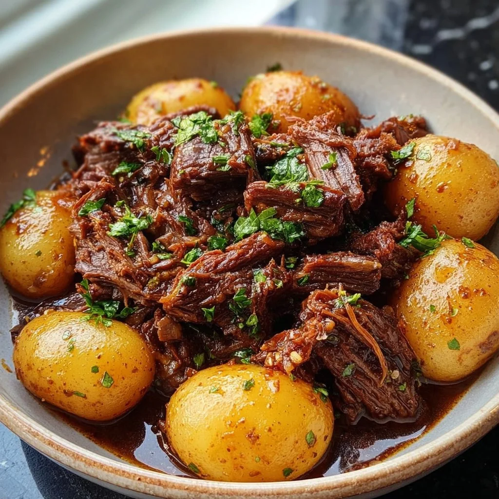 Slow Cooker Garlic Butter Beef with Potatoes 3 Slow cooker garlic butter beef served with potatoes on a plate
