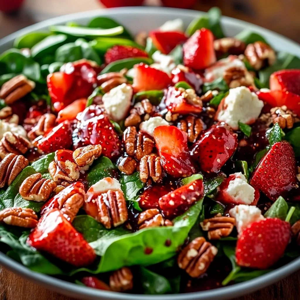 Fresh Spinach Strawberry Salad topped with Pecans